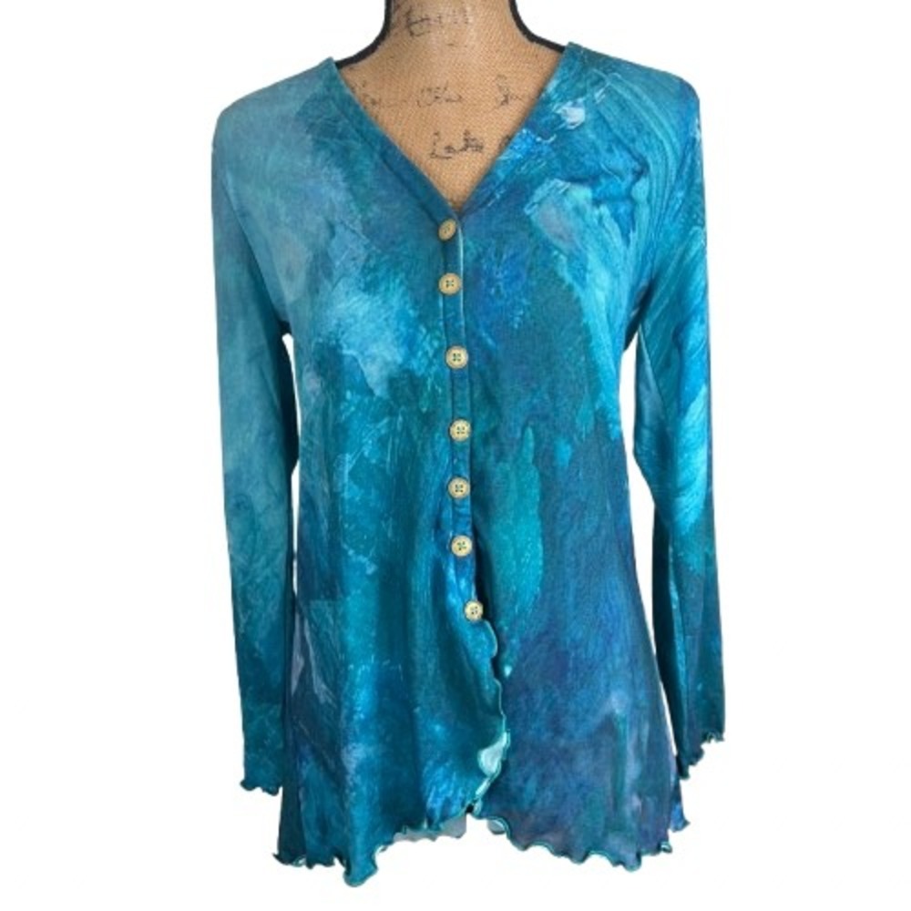 NWT Soft Surroundings Mariposa Top Painterly Blue Watercolor Button Front Medium